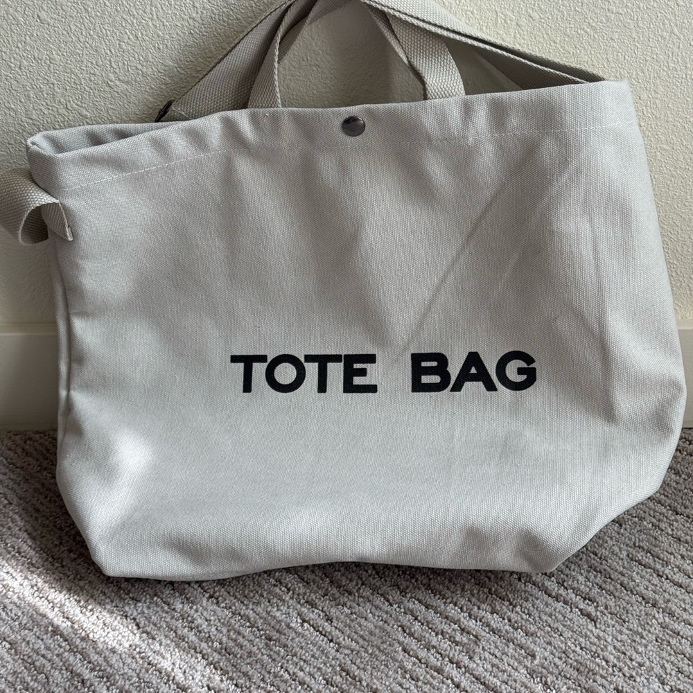 Canvas Tote Bag with 'TOTE BAG' Print - Neutral Beige